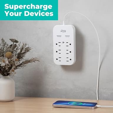 KMC 6-Outlet Extender USB-C PD Surge Protector Wall Tap, Multi-Plug USB Wall Charger, 2 USB-A Ports & USB-C 20W Power Delivery, High-Speed Phone Charger, 980J Surge Protection, UL/ETL Certified, White - Image 8