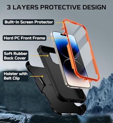 Stroson for iPhone 14 Pro Max Case, [Built-in Screen Protector] Heavy Duty Military Grade Drop Protection Cover Shockproof Phone Case for iPhone 14 Pro Max with Kickstand & Belt Clip Holster (Orange) - Image 2