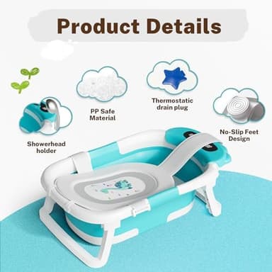 AVIDOR Baby Bathtub,Collapsible Bathtub for Newborn to Toddler,Durable Essential Infant Bath Tub,Portable Travel Baby Tub with Soft Bath Net,No-Slip Feet and Dinosaur Shaped (Light Blue - Image 4