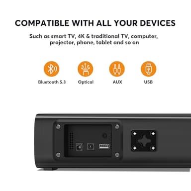 Wohome 2.1 Small Sound Bars for TV, Built-in Subwoofer with 6 Levels Voice Enhancement, 16 Inches Bluetooth 5.3 Soundbar Speakers with Optical/AUX/USB Connection (Renewed) - Image 4