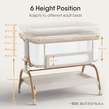 Baby Bassinet Bedside Crib, 3-in-1 Baby Bassinet Bedside Sleeper with Mattress and Soft, Breathable Sheet, Full-Mesh Sides, 6-Height Adjustable, Stable and Secure Crib for Newborns - Image 6