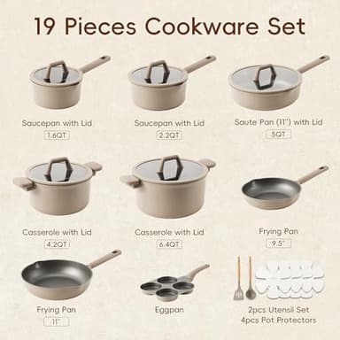 CAROTE 19pcs Nonstick Cookware Set, Pots and Pans Set Non Stick, kitchen Cooking Set, Premium Induction Cookware, Frying pan, Large Capacity Granite, Brown - Image 2