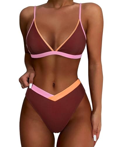SUUKSESS Women Triangle High Cut Bikini Sets Sexy High Waisted Color Block Two Piece Swimsuits Push Up Bathing Suits(Brown Color Block,S) - Image 1