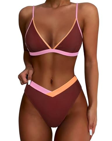 SUUKSESS Women Triangle High Cut Bikini Sets Sexy High Waisted Color Block Two Piece Swimsuits Push Up Bathing Suits(Brown Color Block,S) - Image 1