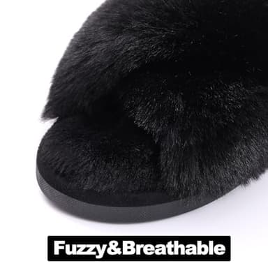 Evshine Women's Fuzzy Slippers Cross Band Memory Foam House Slippers Open Toe, Black, 42-43 (Size 10-11) - Image 3