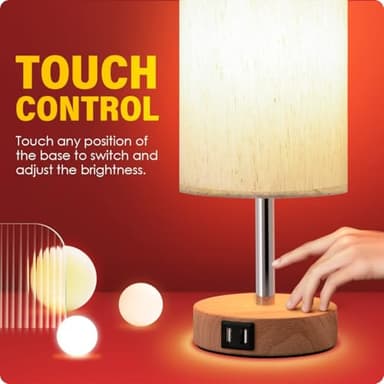 Yarra-Decor Bedside Table Lamp with USB Port - Touch Control for Bedroom Wood 3 Way Dimmable Nightstand Lamp with Round Flaxen Fabric Shade for Living Room, Dorm, Home Office (LED Bulb Included) - Image 5