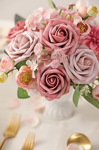 YYHUAWU Artificial Flowers Combo Box Set Gradient Color Flower Leaf with Stems for DIY Wedding Bouquets Centerpieces Baby Shower Party Home Decorations (Gradient Rosy Red) - Image 4