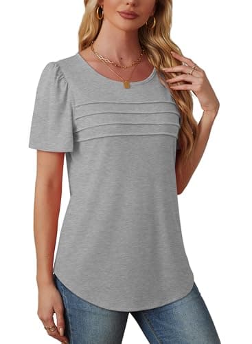 Summer Tops for Women Short Sleeve Shirts Dressy Business Casual Ladies Blouses Cute Pleated Plus Size Women's Clothing Tshirts Grey 3XL - Image 4