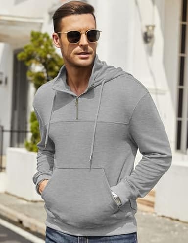3rd hill Men's Quarter Zip Pullover Hoodies Long Sleeve Weight 1/4 Half Zip Drawstring Hooded Sweatshirt Kangaroo Pocket Gray L - Image 3