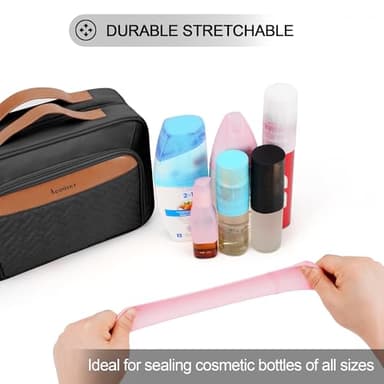 Travel Hanging Toiletry Bag for Women, Large Makeup Bag 8 Leak Proofing Silicone Bottle Covers, Waterproof Cosmetic Bag with Jewelry Organizer Compartment, Toiletries Kit Set, Black - Image 2