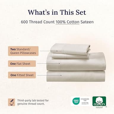 California Design Den Queen Size Sheet Set - Luxury 600 Thread Count Sateen, 100% Cotton Sheets, Deep Pockets, All Around Elastic for a Snug Fit, Hotel Quality Bedding Set - Ivory (Creamy Beige Tone) - Image 2