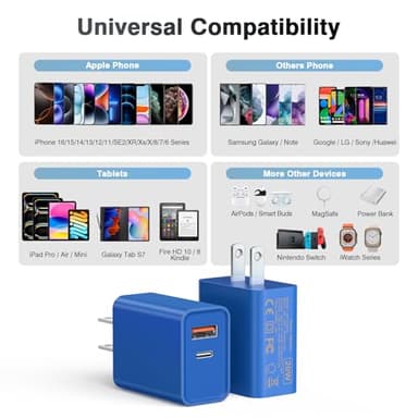 2 Pack USB C Charger, 20W PD Fast Charger Dual Port Plug Type C Charger Compatible for iPhone 16/15/14/1312/11/Pro/Pro Max/Plus/X/SE3 iPad Pro Cube,Galaxy S25/S24 Dark Blue - Image 3