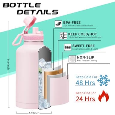 Half Gallon Water-Bottle with Straw - Pop-up Chug Lid (Cold 48H & Hot 24H) 64oz Insulated Water Bottle Flask with Sleeve Strap, Paracord Handle, Bottle Boot, Pink Stainless Steel Metal Water Jug - Image 3