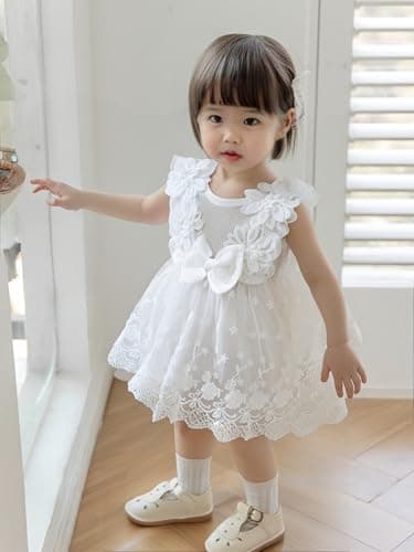 Renotemy Baby Girl Tulle Tutu Dress White Lace Sleeveless 1st Birthday Dress for Baby Girl Shower Gifts Boho Fairy Baptism Princess Wedding Birthday Party Dresses with Flower Headband 12-18 Months - Image 2