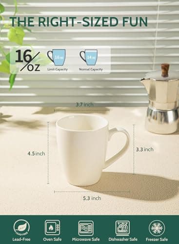 Sweese Porcelain Coffee Mugs - 16 Ounce (Top to the Rim) for Coffee, Latte, Tea, Cocoa, Set of 4, White - Image 2