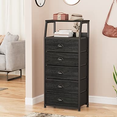 Furnulem Black Dresser with 5 Drawers, Vertical Storage Tower Fabric Dresser for Bedroom, Hallway, Entryway, Nursery, Closet Organizer, Nightstand Bedside Table Furniture, Sturdy Steel Frame, Wood Top - Image 8