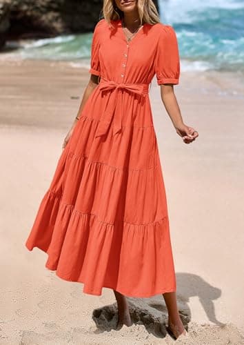 PRETTYGARDEN Summer Dresses for Women 2025 Elegant Classy Short Sleeve V Neck Ruffle A Line Belted Long Beach Vacation Dress (Orange,Large) - Image 6