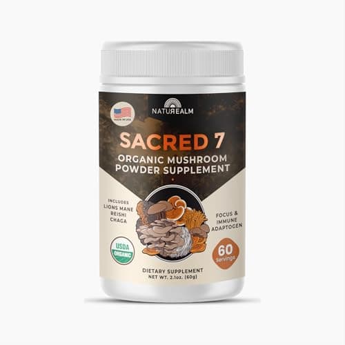 Naturealm Sacred 7 Organic Mushroom Supplement – 100% Fruiting Body Extract Powder with Lions Mane, Reishi, Chaga & More | Nootropic & Immune Support for Coffee, Tea, Smoothies – 60 Servings - Image 1