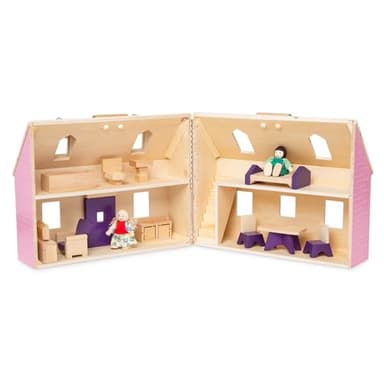 Melissa & Doug Fold and Go Wooden Dollhouse with 2 Dolls and Wooden Furniture,Multi,One Size - Image 4