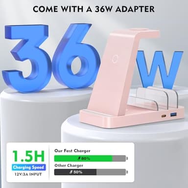 GAUOLN Wireless Charger for iPhone - 5 in 1 Charging Station for Multiple Devices Apple: Fast Wireless Charging Stand Dock for iPhone 16e 16 15 14 13 12 Pro Max Apple Watch (Pink) - Image 4