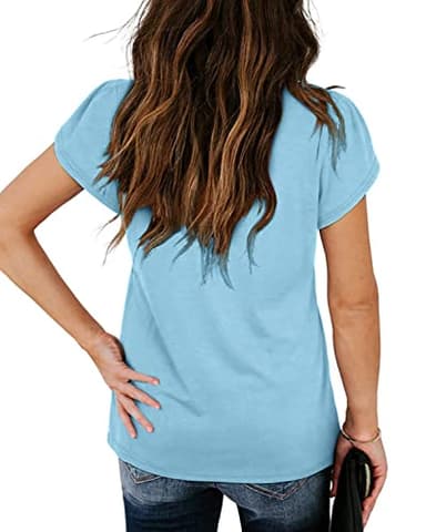 Goranbon Girls' Summer T Shirts Crewneck Petal Short Sleeve Cute Casual Tops A-Sky Blue - Image 2