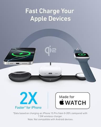 Anker MagSafe Compatible MagGo UFO 3-in-1 Charger, iPhone 17 Wireless Charging Station, 15W Qi2 Certified, Foldable Travel Charging Pad, for iPhone 17/16/15/14, AirPods, Apple Watch (Not a Power Bank) - Image 3