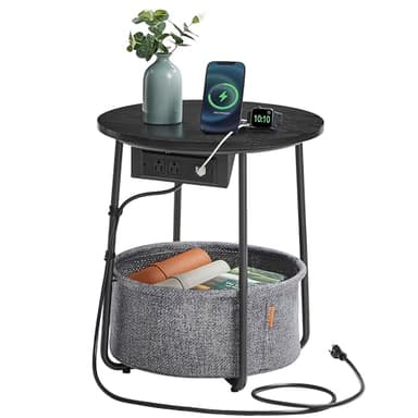 VASAGLE LILEA Collection - Side Table with Charging Station, Round End Table with Fabric Basket, Nightstand with USB Ports, for Living Room, Bedroom, Modern, Ebony Black and Slate Gray ULET228B01 - Image 1