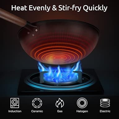 Todlabe Carbon Steel Wok, 13-Inch, Pre-Seasoned, Non-Stick, with Lid and Spatula, Flat Bottom, Ideal for Stovetop Cooking - Image 2