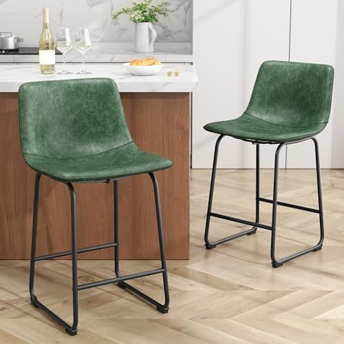 REONEY Bar Stools Set of 2, 26inch PU Leather Counter Height Bar Stools, Modern Barstools with Metal Legs and Footrest, Urban Armless Dining Chairs with Backrest for Kitchen Island (Green) - Image 1