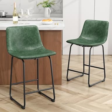 REONEY Bar Stools Set of 2, 26inch PU Leather Counter Height Bar Stools, Modern Barstools with Metal Legs and Footrest, Urban Armless Dining Chairs with Backrest for Kitchen Island (Green) - Image 1