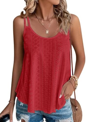 ATHMILE Christmas Camisole Tank Tops Eyelet Embroidery Sleeveless Spaghetti Strap Tops Scoop Neck Sexy Loose Fit Casual Summer Flowy Cami Red - Image 1