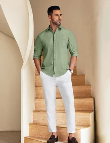COOFANDY Mens Long Sleeve Button Down Shirt Untucked Stretch Denim Dress Shirt with Pocket Light Green - Image 4