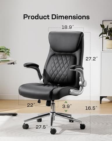 Marsail Ergonomic PU-Leather Office Chair: 5 Settings Lumbar Support, Executive Office Chair Height Adjustable with Padded Flip-up Arms, Executive Desk Chair for Working Study-Black - Image 2