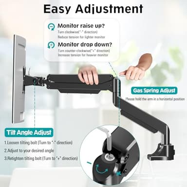 MOUNT PRO Single Monitor Mount for Max 43 Inch Ultrawide Computer Screen, Premium Aluminum Heavy Duty Monitor Arm Holds 6.6lbs to 33lbs, Gas Spring Full Motion Display Desk Stand, VESA Mount - Image 3