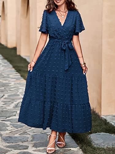 MASCOMODA Dresses for Women 2025 Short Flutter Sleeve Tiered Maxi Swiss Dot Solid V Neck Wedding Guest Dress with Belt(Navy,X-Large) - Image 2