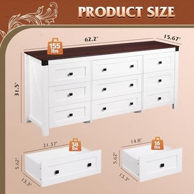 WLIVE Dresser for Bedroom, 63" Wide 9 Drawer Farmhouse Dresser Storage Organizer, Wood Chest of Drawers for Bedroom, TV Stand for 70 inch TV, for Living Room, Hallway, Ball Bearing Slide (White) - Image 3