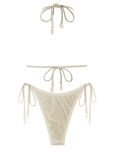 ZAFUL Women's Triangle Bikini Multiway Fishnet Tie Side Bandeau Halter String Bikini Set Two Piece Swimsuit Bathing Suits (1-Light Coffee, S) - Image 2