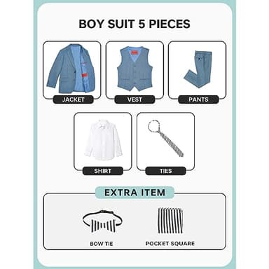 Marvelous World Boys Suits Blue Gray Slim Fit Size 8 Formal Suits for Kids Toddler Tuxedos Dresswear Ring Bearer Outfit Boys' Wedding Suits Set Dress Clothes Teen Youth 5-Piece Adjustable Waist - Image 2