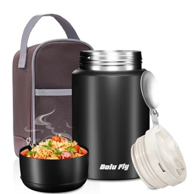 Bolu Fly 18oz Insulated Food Container with Spoon & Insulated Bag, Soup Thermo for hot Food- 10-Hour Heat Retention, Leak-Proof Stainless Steel Lunch Thermo for Adults, Office, Travel(Black) - Image 1