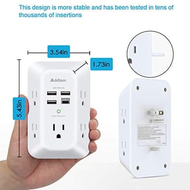 Addtam USB Wall Charger Surge Protector 5 Outlet Extender with 4 USB Charging Ports (1 USB C Outlet) 3 Sided 1800J Power Strip Multi Plug Outlets Wall Adapter Spaced for Home Travel Office ETL Listed - Image 6