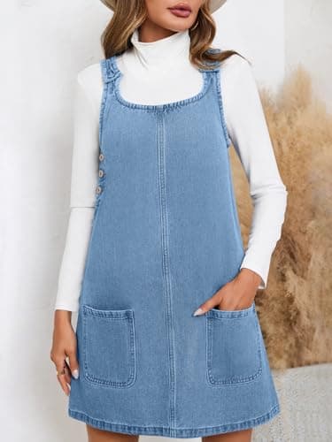 BZB Women's Sleeveless Casual Denim Dress Crewneck Vintage Overall Mini Dress with Pockets (Blue, XX-Large) - Image 2