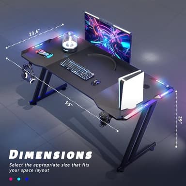 HLDIRECT 55 Inch Gaming Desk with LED Lights Carbon Fibre Surface Gaming Table Large Computer Desk Ergonomic Home Office Desks Z Shaped PC Gamer Workstations with Cup Holder & Headphone Hook Black - Image 3