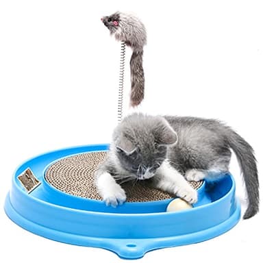 AUOON Cat Scratcher Toy - Cat Scratch Pad with Cat Toy Ball Track and Plush Mouse Toy for Indoor Cats and Kittens (Blue) - Image 1