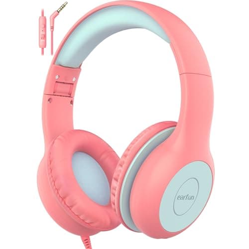 EarFun Kids Headphones Wired with Microphone, 85/94dB Volume Limit Headphones for Kids, Portable Wired Headphone with Shareport, Stereo Sound Foldable Headset for School/Tablet/iPad/Kindle Pink - Image 1