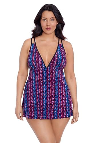 TrimShaper Womens Built-in Tummy Control Tracey Swimdress with Adjustable Side Tie, Serape Stripe, 12 - Image 1