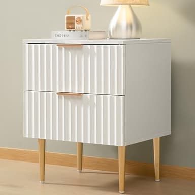 SICOTAS White Night Stand Set 2, Fluted Glossy Nightstand with 2 Drawers, Wide Modern Storage Bedside Table for Bedroom, End Side Table with Golden Metal Legs and Handles (White, 2 Pieces) - Image 9