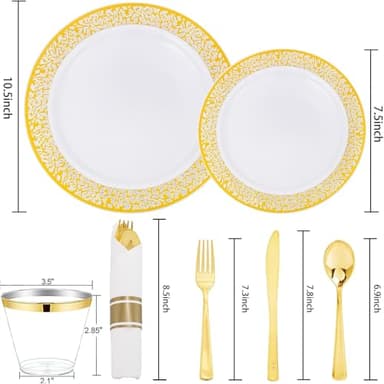 WELLIFE 175Pcs Gold Dinnerware Sets, Include:25 Dinner Plates, 25 Dessert Plates, 25 Paper Napkins, 25 Cups, 25 Plastic Cutlery Set - Image 3
