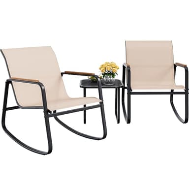 YITAHOME 3 Piece Rocking Bistro Set, Outdoor Patio Furniture Set with Wooden Armrests, Porch Chairs Set with Glass Table for Lawn, Garden, Balcony, Poolside, Beige - Image 1