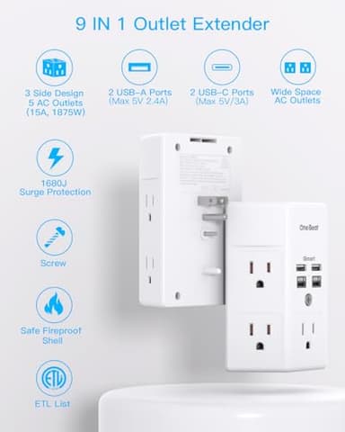 One Beat 1680J 3 Side Power Strip Multi Plug Expander, Surge Protector, 5 Outlets Extender, 4 USB Ports (USB C), Wall Mount Charger, Outlet Splitter Adapter for Home, Travel, Office, ETL Listed, White - Image 2