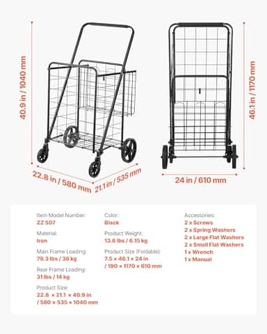 VEVOR Folding Shopping Cart, Jumbo Grocery Utility Cart with Double Baskets, 360° Swivel Wheels, 110 LBS Large Capacity Heavy Duty for Laundry, Shopping, Grocery, Luggage, Black - Image 7